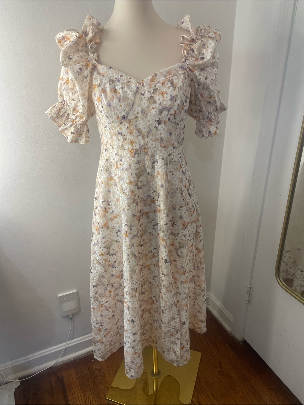 Sweetheart Cottagecore Puff Sleeve Floral Midi Dress In Cream And Yellow